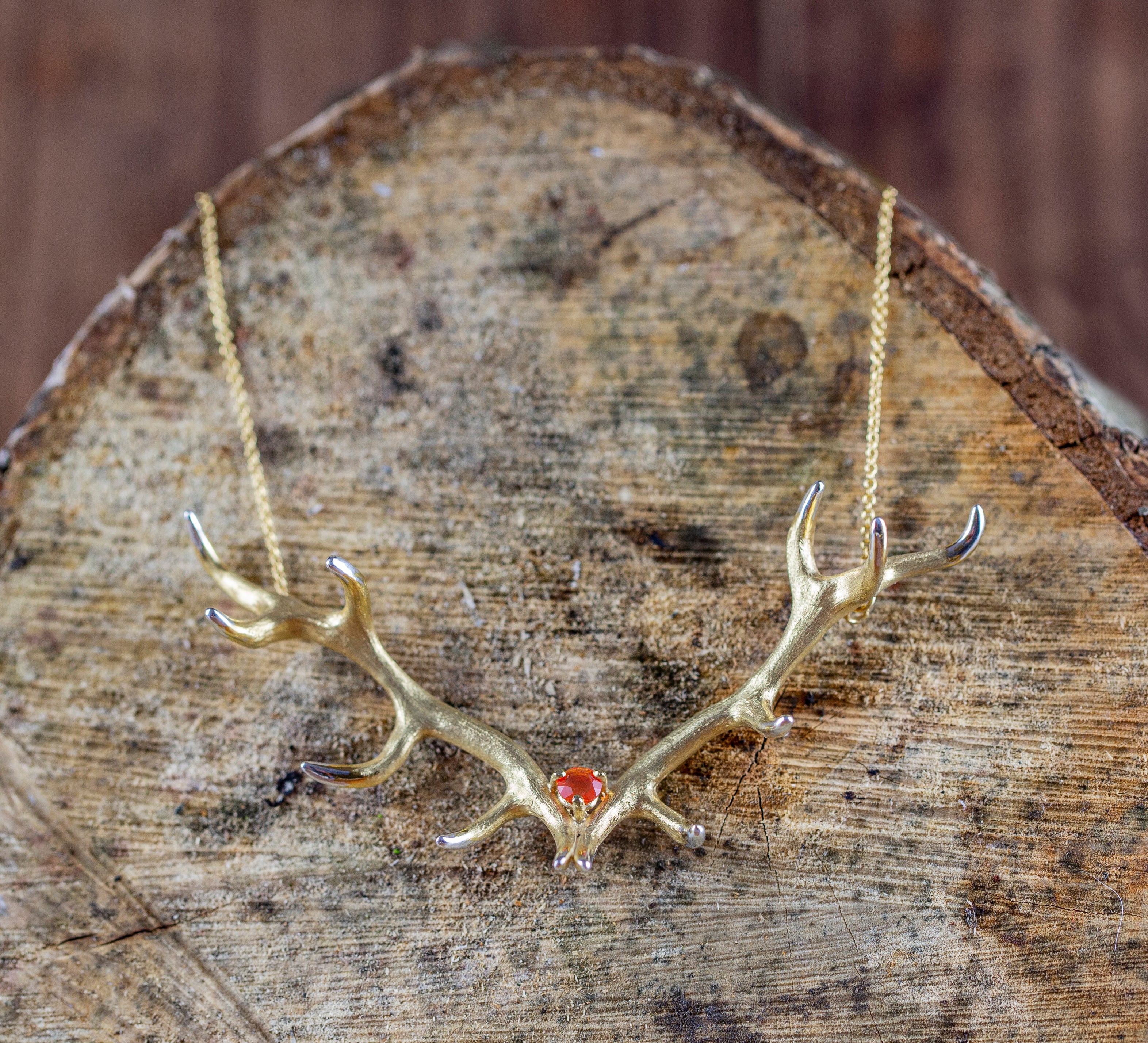 Gold Maxi Antler Pendant with Fire Opal